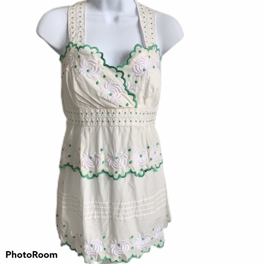 Anthropologie La La Lame White Green Top Large